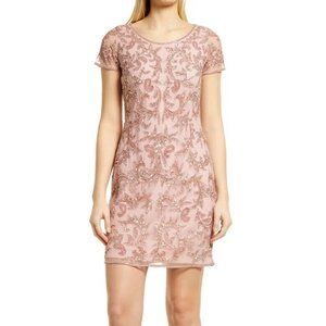 Pisarro Nights Women Tan Beaded Mesh Cocktail Mini Dress Sz 10